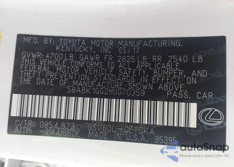 2017 Lexus Es 350 z USA, uszkodzony, nr VIN 58ABK1GG2HU070359